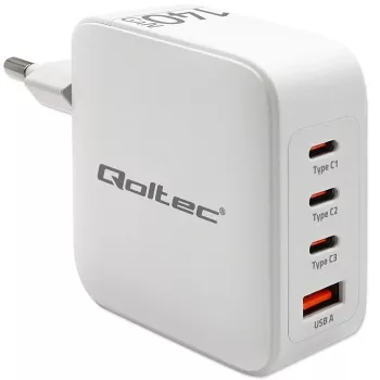 Carregador QOLTEC 51828 140W GaN 3×USB‑C PD + 1×USB‑A QC 3.0 – carregador rápido multiporta