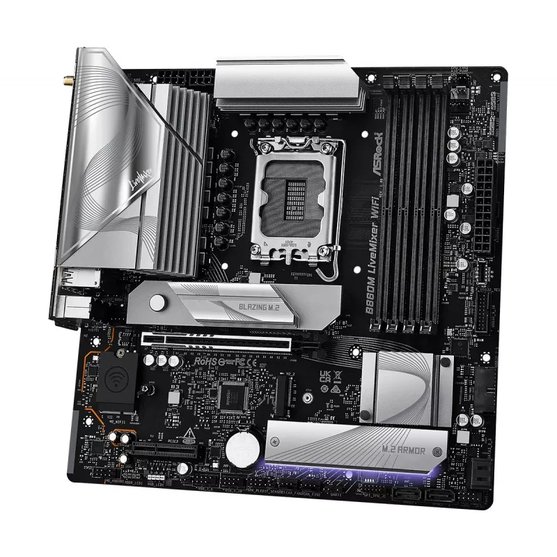 Placa-mãe ASRock B860M LiveMixer WiFi — Intel B860, LGA 1851, micro ATX, DDR5, 4x DIMM, Wi‑Fi 6E, 2.5Gb LAN