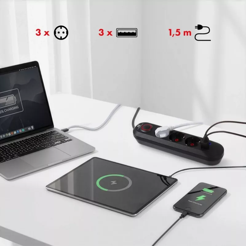 Régua de tomadas MACLEAN MCE394 B — 3 tomadas + 3×USB A, 110–240V, 2,1A USB, 2500W, cabo 1,5 m, preto