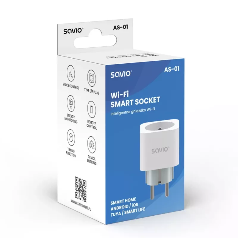 Tomada inteligente SAVIO AS-01 16A Wi-Fi 2,4 GHz, ficha tipo E/F, 220–240 V, 3680 W, branca