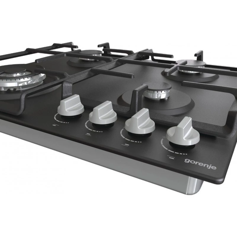 Placa de gás encastrar Gorenje GW641EXB, 4 zonas de gás, preta, 60 cm, controlo por botão rotativo, grelhas de ferro fundido