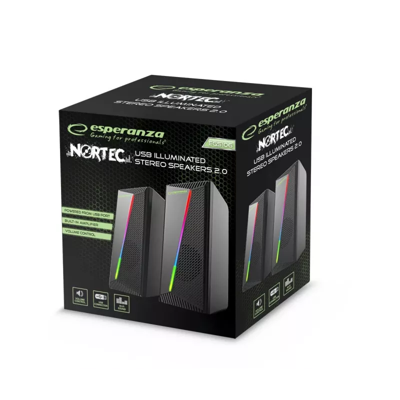 Esperanza EGS106 Rainbow Nortec colunas 2.0, 6 W (2x3 W), alimentadas por USB, mini-jack de 3,5 mm, LED RGB, pretas