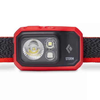 Lanterna frontal Diamond Storm 450 preta com faixa de cabeça preta e vermelha