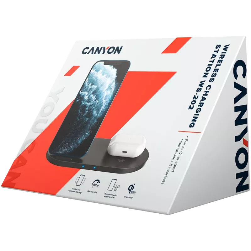 Carregador Docking Station sem fios 2em1 QI 10W/USB-C/LED preto