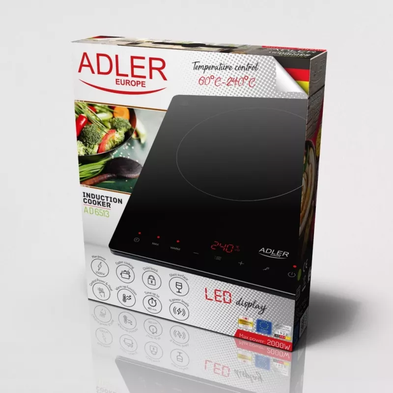 Placa de cozinha Adler AD 6513 Preta Aparelho de mesa 29 cm Zona Placa de indução 1 Zona(s)