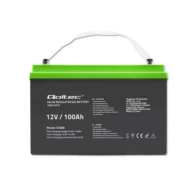 Bateria de gel QOLTEC 53080 12V 100Ah — bateria recarregável selada para alimentação de emergência
