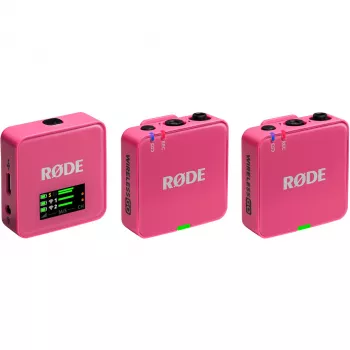 Microfone sem fios RODE Wireless GO III rosa — sistema compacto de transmissor e recetor de dois canais