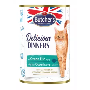 Comida húmida para gatos butcher's Delicious Dinners Ocean Fish Chunks em geleia 400 g, sabor a peixe, sénior, lata