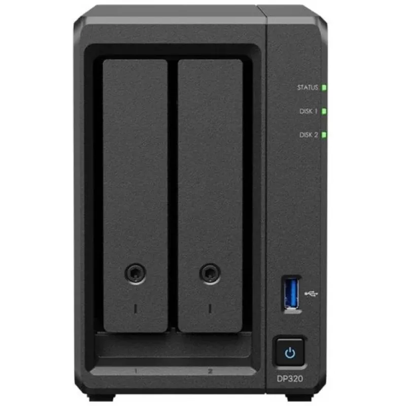 Servidor de armazenamento NAS SYNOLOGY DP320 Desktop R1600, 8 GB RAM, 16 TB, 2 baías, suporte HDD, RAID, Preto