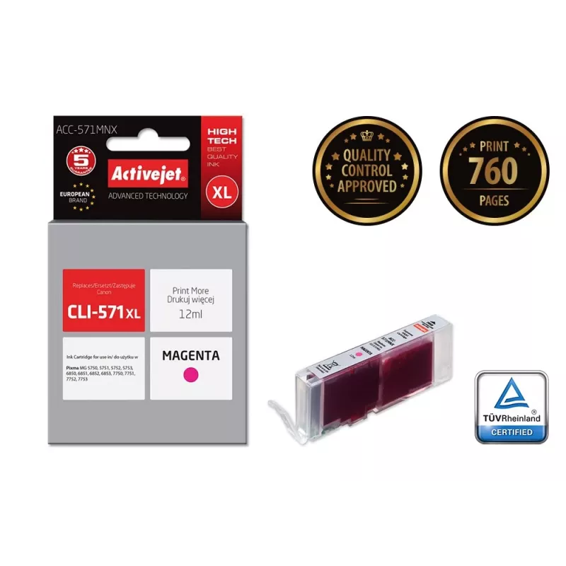 Tinteiro Activejet ACC-571MNX (substituto para Canon CLI-571XLM; Supreme; 12 ml; magenta)