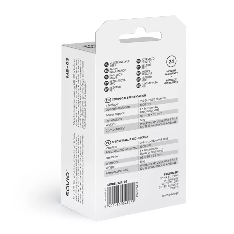 Savio MB-03 rato ótico sem fios, recetor USB de 2,4 GHz, 1000 DPI, 3 botões, pilha AA, 99x60x39 mm, 51 g, preto