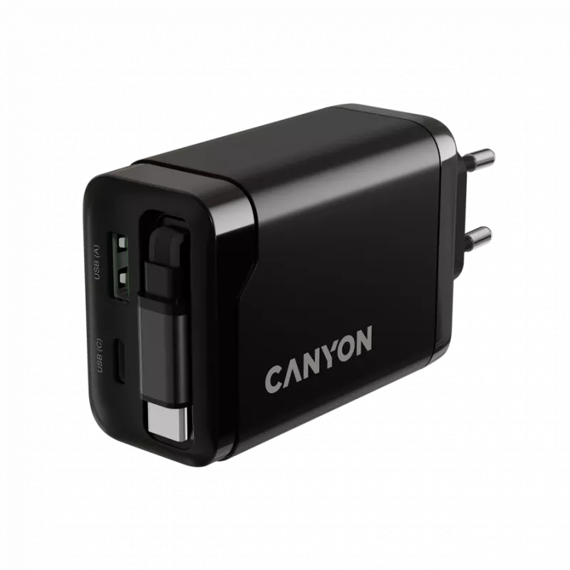 Carregador CANYON OnCharge 65RC com cabo USB-C integrado, 65 W, 1x PD, 1x QC, ficha EU, preto