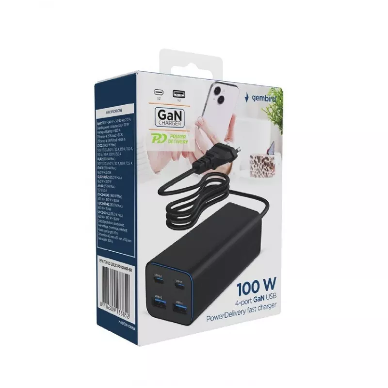 Gembird TA-UC-2A2C-PD100-01-BK Carregador para dispositivos móveis portátil, smartphone preto AC carregamento rápido interior