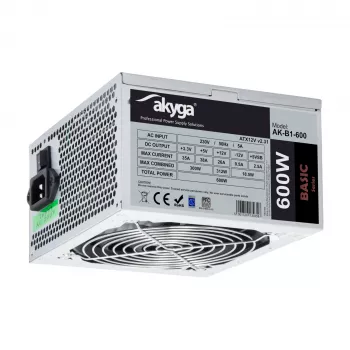 Fonte de alimentação ATX Akyga Basic AK-B1-600 600 W, ventoinha de 120 mm, PFC passivo, cinzento