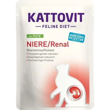 Comida húmida para gatos KATTOVIT Rim/Renal saco 85 g – 12 x 85 g, aves (vaca, frango, pato, peru) para gatos adultos com insuficiência renal
