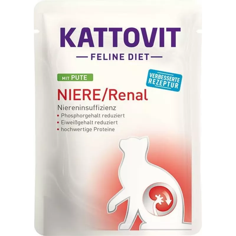 Comida húmida para gatos KATTOVIT Rim/Renal saco 85 g – 12 x 85 g, aves (vaca, frango, pato, peru) para gatos adultos com insuficiência renal