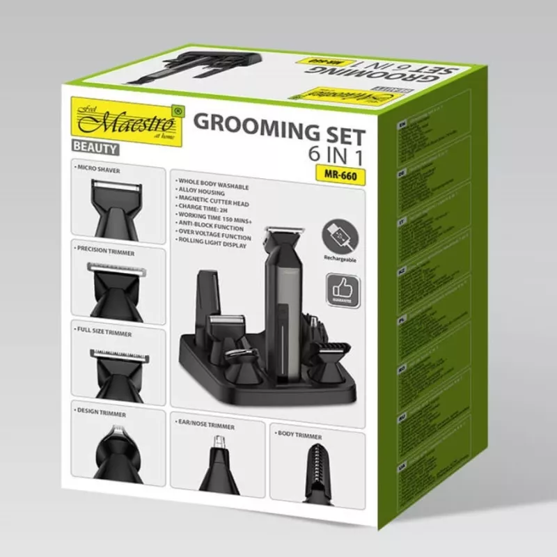 Conjunto de corte de cabelo Maestro MR-660 6-em-1 recarregável por USB com lâminas ajustáveis