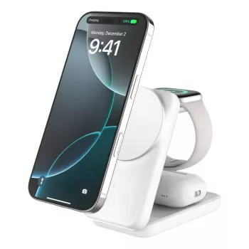 Carregador de interior Belkin UltraCharge 25W Qi2 Carregador magnético 3-em-1 UE Branco Quadrado