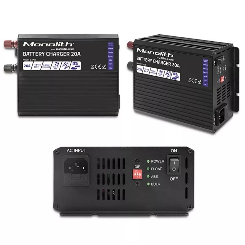 Carregador QOLTEC Monolith 20 A 12 V para baterias LiFePO4, AGM, GEL, SLA