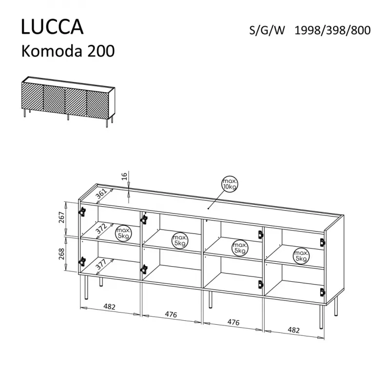 Cómoda Cama Meble LUCCA 4D — 200 x 40 x 80 cm, caxemira, aglomerado