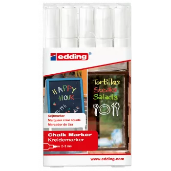Marcador de giz Edding 4095/5S, conjunto com 5 marcadores brancos, ponta redonda 2–3 mm