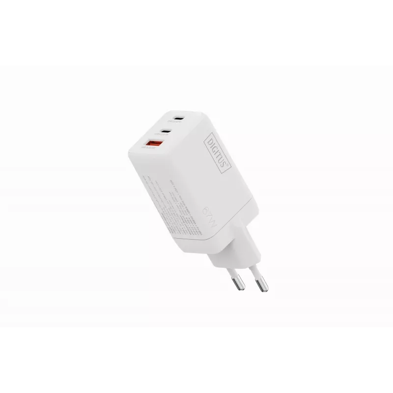 Carregador de parede DIGITUS DA-10303 67W GaN, 2× USB-C + 1× USB-A, 100–240V, branco