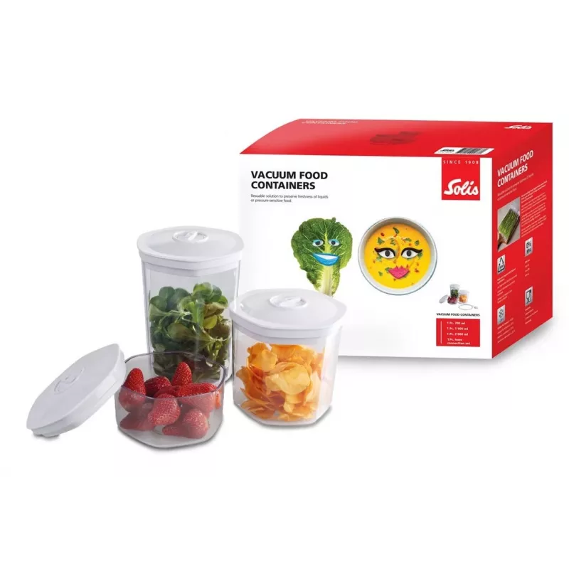 Conjunto de recipientes de vácuo para alimentos Solis 92278 — hexagonal 700 ml, 1,4 L, 2 L, branco/transparente, adequado para frigorífico e congelador