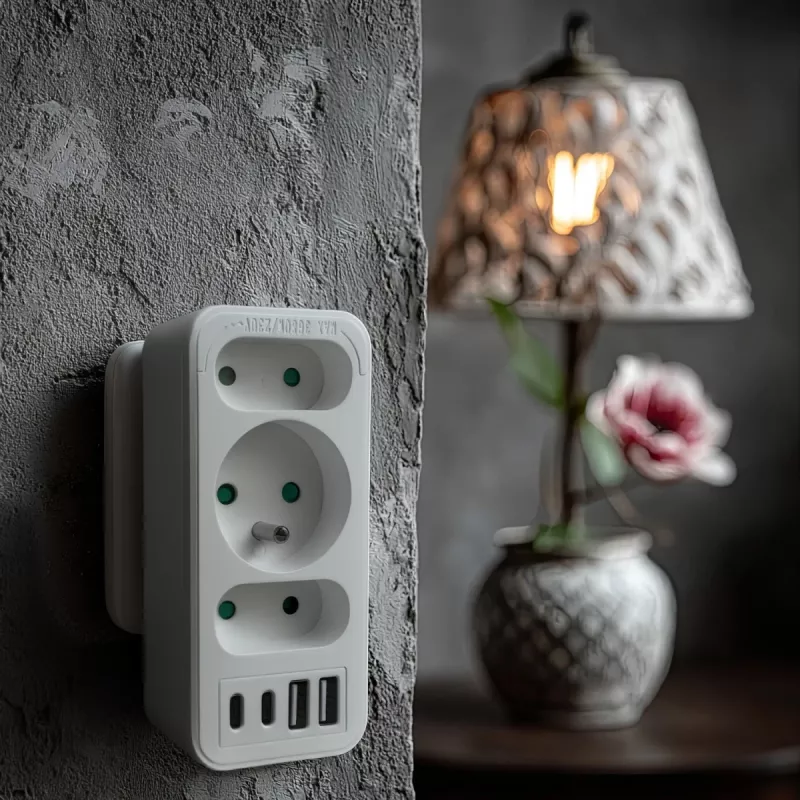 Power Splitter MACLEAN MCE248 F/W — 3 tomadas AC (1×16A, 2×6A) + 4×USB (2×A, 2×C PD 20W), ficha EU, branco