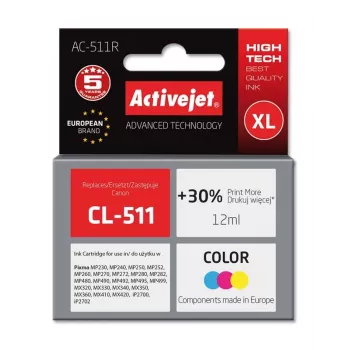 Tinteiro ActiveJet AC-511R compatível com Canon CL-511, à base de corante CMY, capacidade alta (XL) 12 ml, embalagem individual