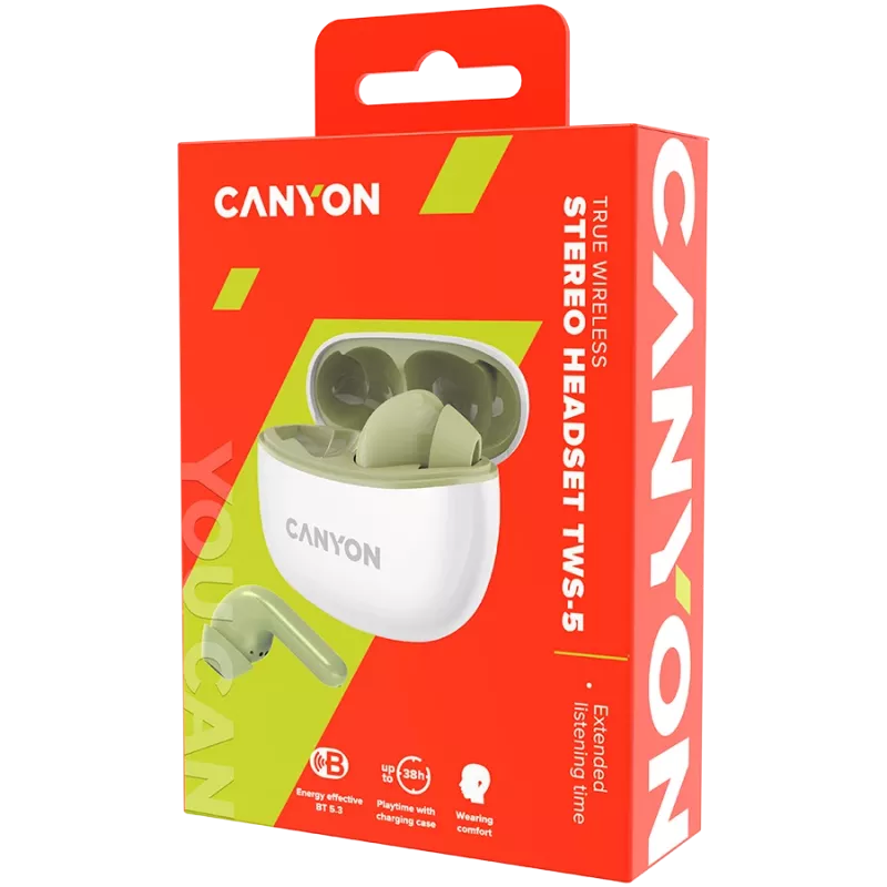 Auscultadores In-Ear CANYON TWS-5, Verde Bluetooth 5.3, controlo tátil, entrada de carregamento: USB-C