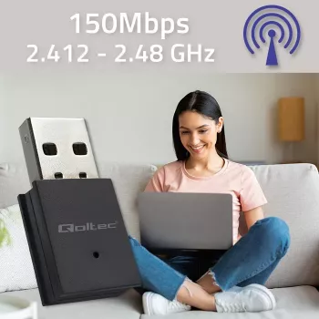Adaptador Wi-Fi Mini USB sem fios compacto QOLTEC 57007 – Single-Band 2,4 GHz, até 150 Mbit/s, antena interna