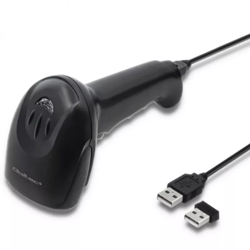 Leitor de códigos de barras manual QOLTEC 50868 — leitor laser 1D/2D, USB com e sem fios, distância de trabalho 600 mm, preto