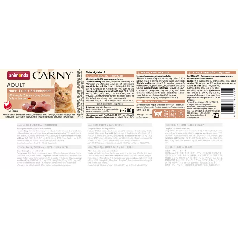 ANIMONDA Carny Adult Frango, Corações de Peru e Pato - Alimento húmido para gatos - 200 g