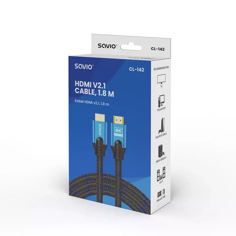 Cabo HDMI Savio CL-142 v2.1 1,8 m, HDMI Type-A macho–macho, contactos dourados, preto/azul