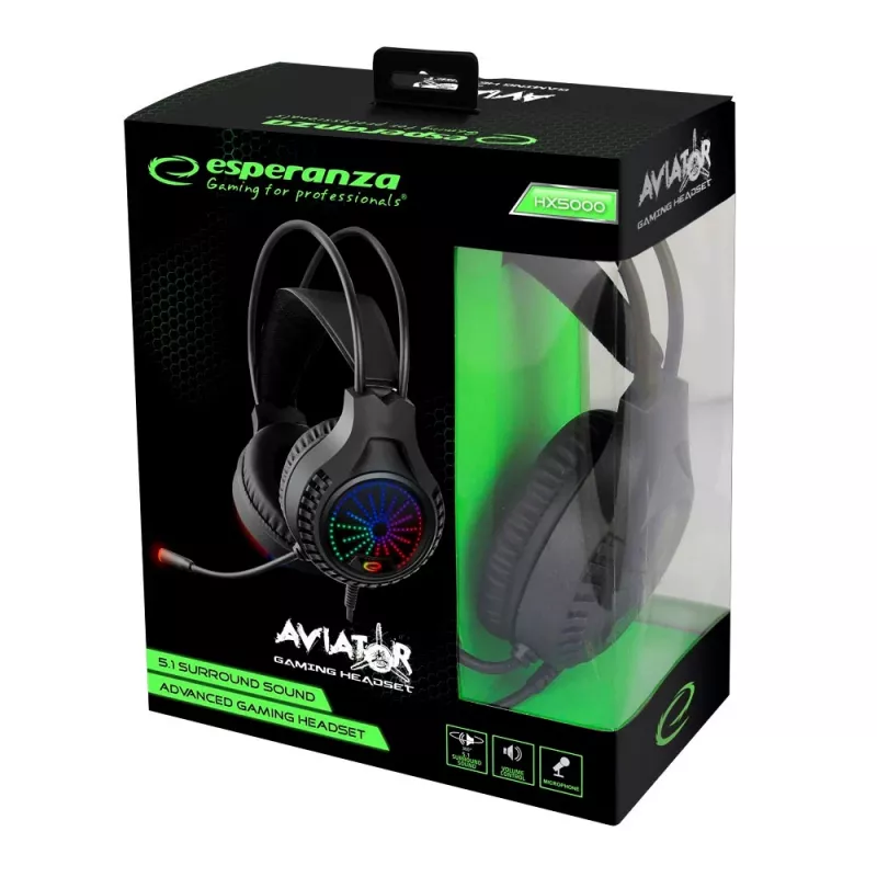 Esperanza EGH5000 Aviator auscultadores gaming com microfone, som surround virtual 5.1, USB 2.0, 32 Ω, controlo de volume, pretos
