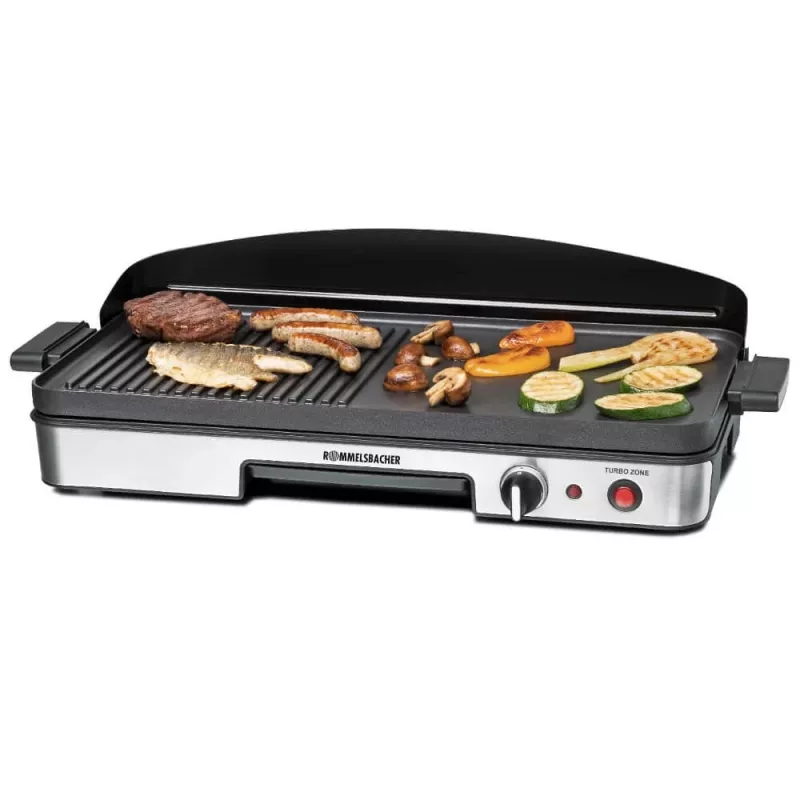 Grelhador de mesa elétrico Rommelsbacher BBQ 2003 — 1900 W, 50×25 cm, canelado + teppanyaki, termostato contínuo, prateado/preto