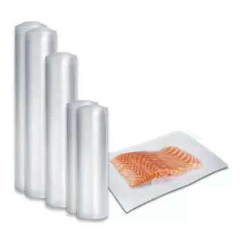 Caso | Conjunto de películas 3 para vácuo + cozedura sous-vide | 01237 | Dimensões (L x C) 16 x 23 cm, 20 x 600 cm, 28 x 600 cm, 30 x 600 cm