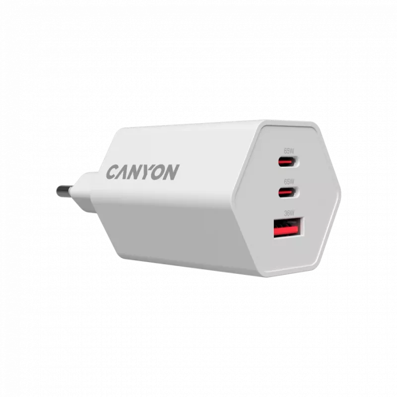 Carregador CANYON HEXAGON 65 GaN 65W 2xPD 1xQC EU branco CND-CHAHEX65W