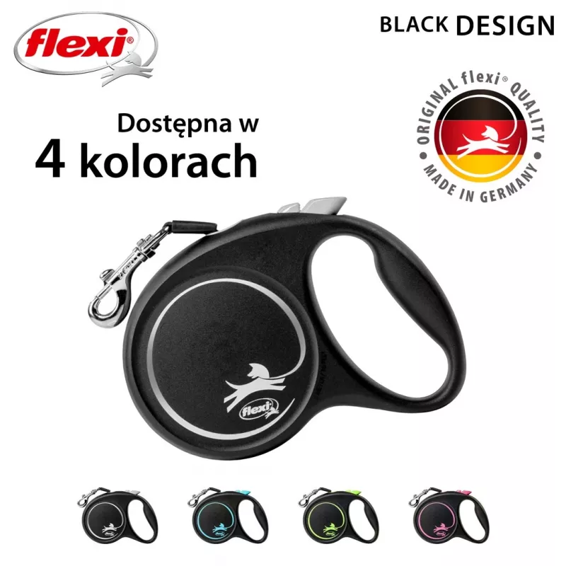 Flexi Black Design M trela extensível para cães, fita de 5 m, até 25 kg