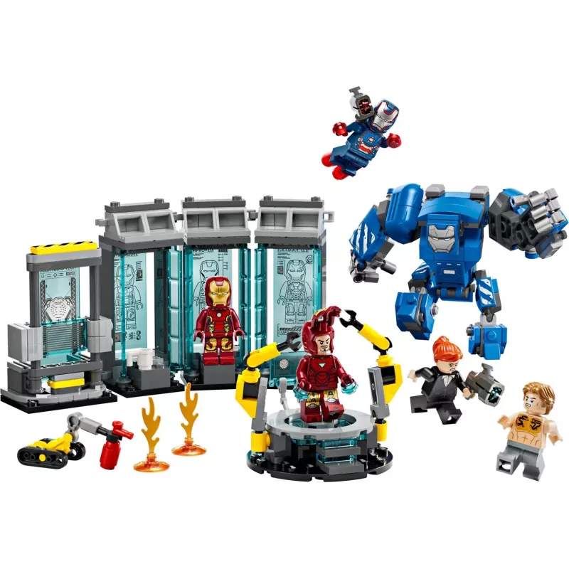 LEGO Marvel Laboratório de Armaria do Homem de Ferro 76315 conjunto de brincar – 384 peças, 5 minifiguras, área de exposição