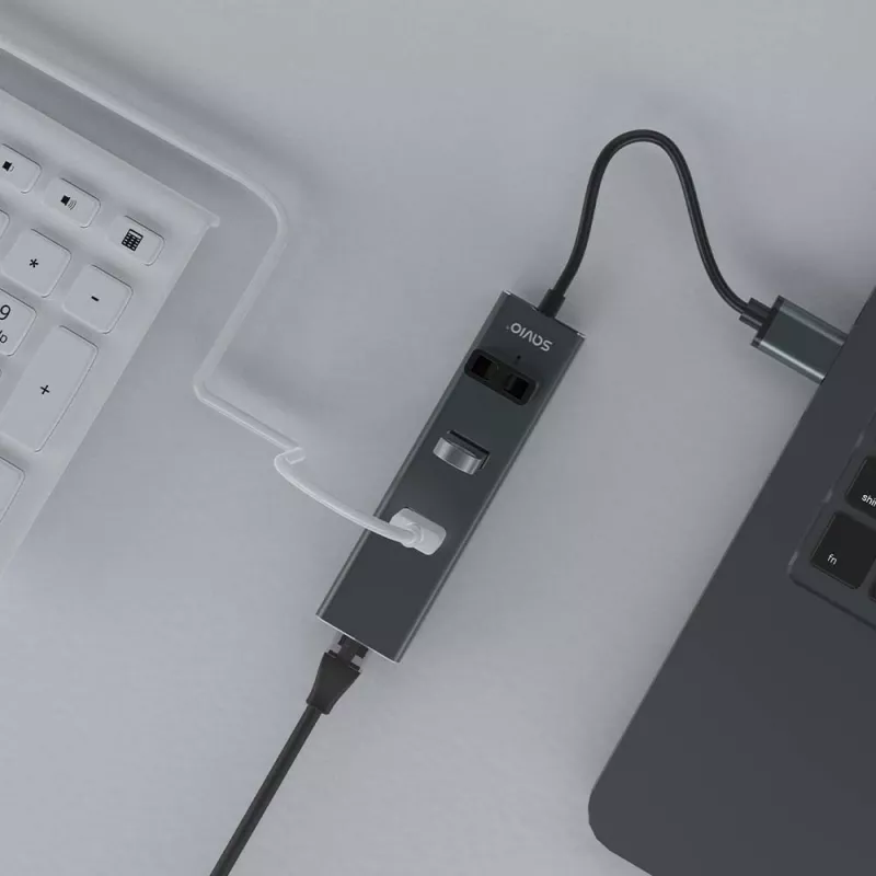 Hub USB-A SAVIO com RJ-45 Gigabit Ethernet AK-57 — 3× USB-A + RJ-45, USB 3.2 Gen 1 Micro‑B host, 5 Gbit/s, 4 portas, cinzento