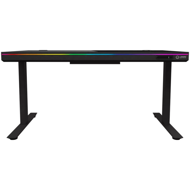 Secretária gaming de altura ajustável com dois motores, função sentado/em pé, carregador sem fios, iluminação RGB, painel de controlo e portas USB, tampo em vidro temperado, preto