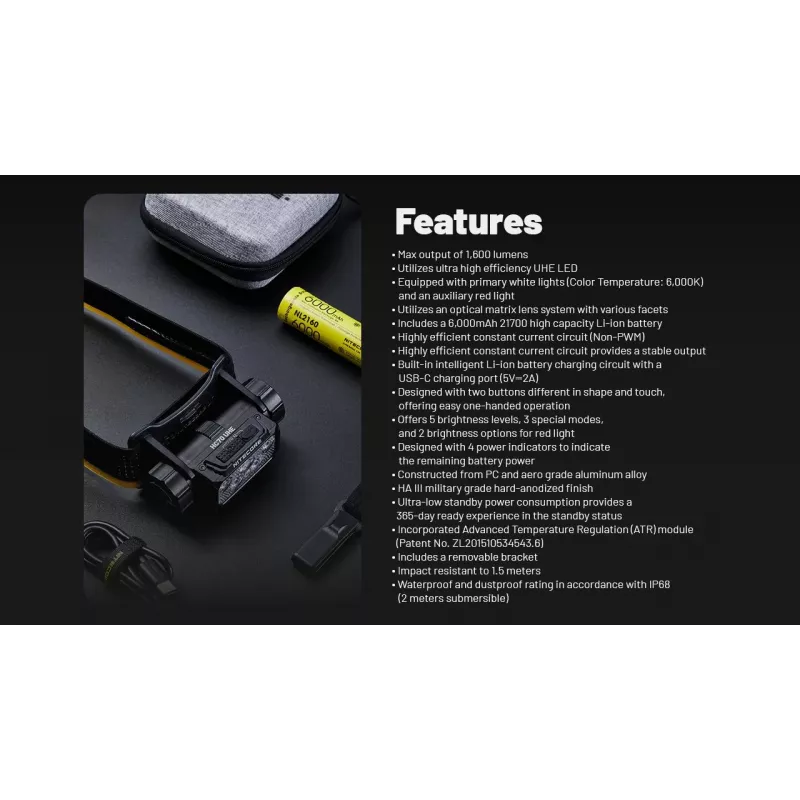 Nitecore HC70 UHE lanterna de cabeça, 1600 lm, 6 LED, IP68, recarregável por USB, alumínio, 172 g, preta