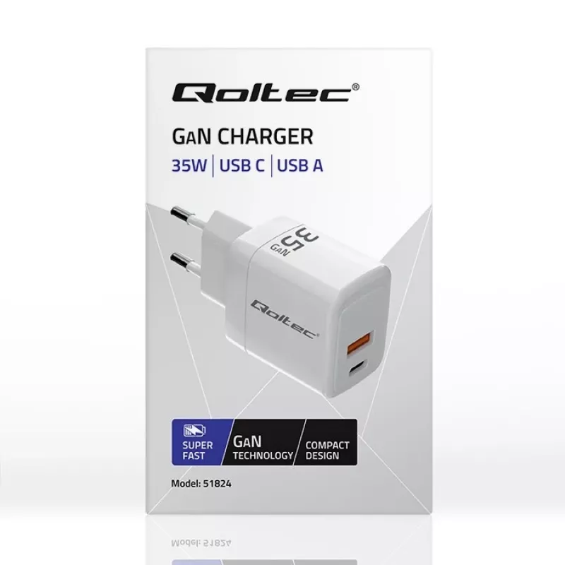 Carregador QOLTEC 51824 GaN 35W USB-C PD & USB QC 3.0, 5–20V, 1x USB-C, 1x USB-A