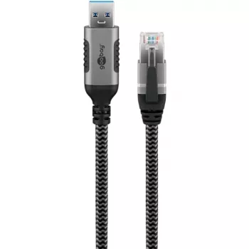 Cabo Ethernet USB-A 3.2 Gen1 macho > RJ-45 macho, adaptador LAN preto/prateado, 2 metros, revestimento têxtil entrançado