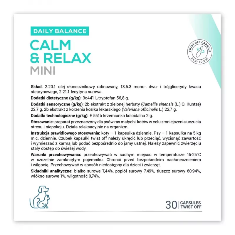 Suplemento calmante VETEXPERT Calm&Relax Mini — 30 cápsulas para cães pequenos e gatos, 100 g, sem açúcar, sem glúten