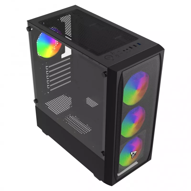 Caixa de PC SAVIO Noctis Flow RGB — Cube, ATX/Mini-ITX, 3 ventoinhas frontais de 120 mm, janela lateral em vidro temperado, GPU máx. 35 cm