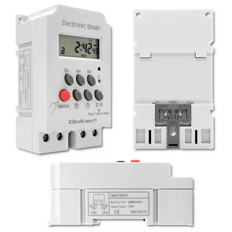 Temporizador eletrónico para calha DIN QOLTEC PC0629 — alimentação 24V, saída 16A