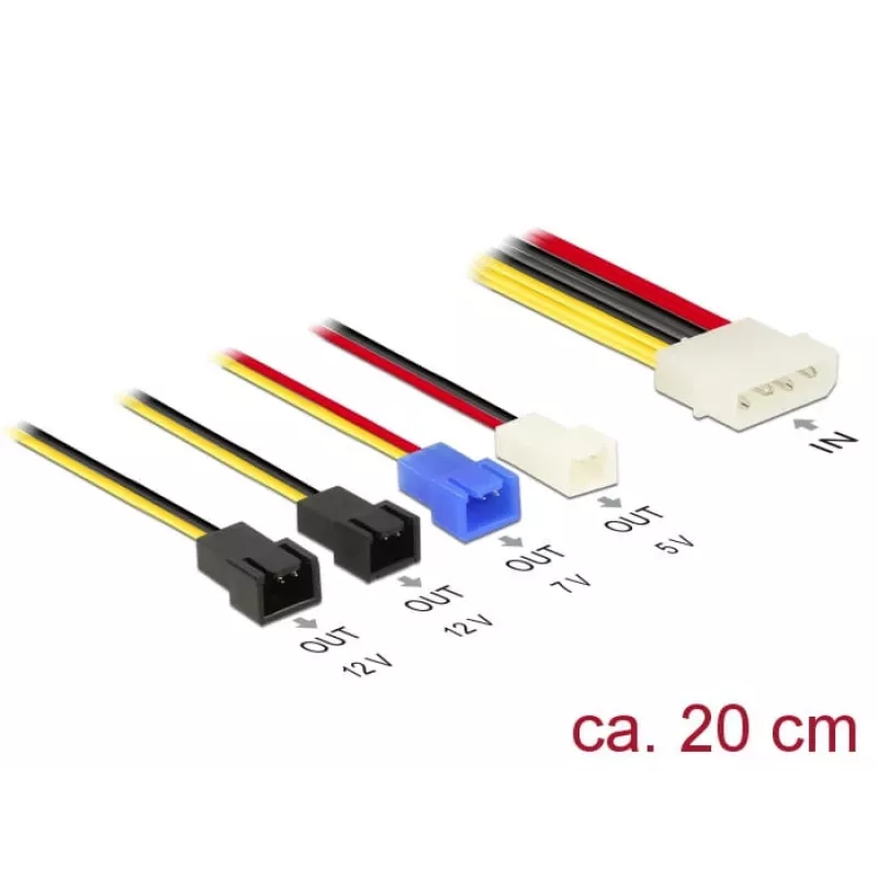 DeLOCK Molex 4 pin > 4 x 2 pin ventoinha (12 V / 7 V / 5 V) - Cabo de alimentação para ventoinha - alimentação interna, 4 pinos (M) para Molex, 2 pinos - 20 cm