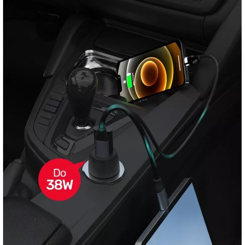 Carregador para automóvel Unitek P1400A com USB-C e USB-A, 38W, Quick Charge 3.0, entrada 12–24V, preto